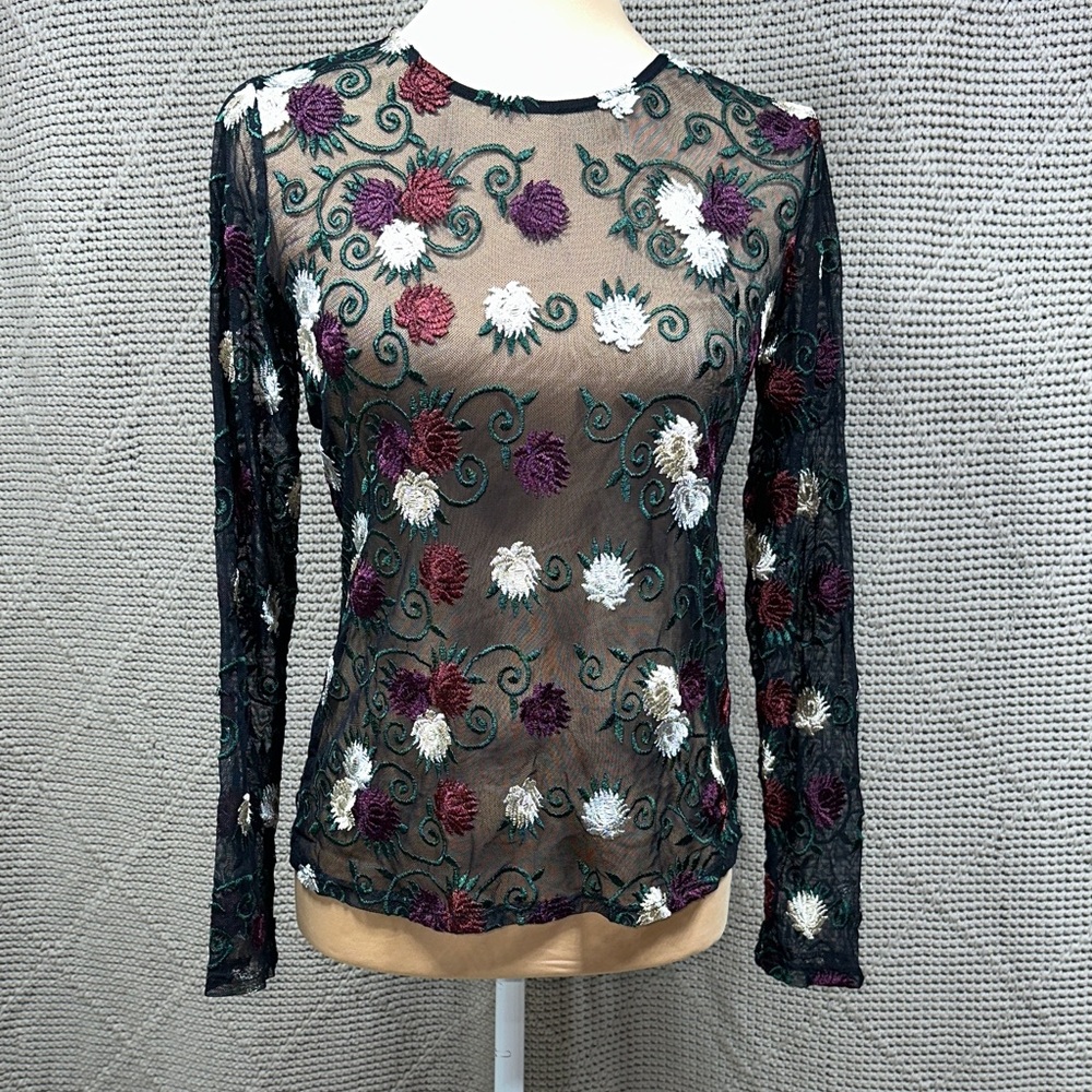 Black Sheer Floral Embroidered Long-Sleeve Tee